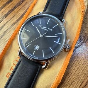 Stuhrling Original Swiss Watch Men 42mm Silver Tone Black Dial Date NWT